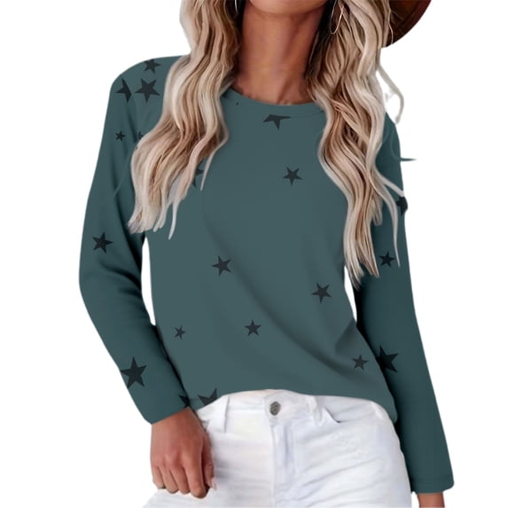 Women's Star Print Round Neck Long Sleeve Sweatshirt, Loose Fit Casual Pullover Top with Five-Point Star Pattern for Daily Wear, Street Fashion and All Season Comfort Light Green M