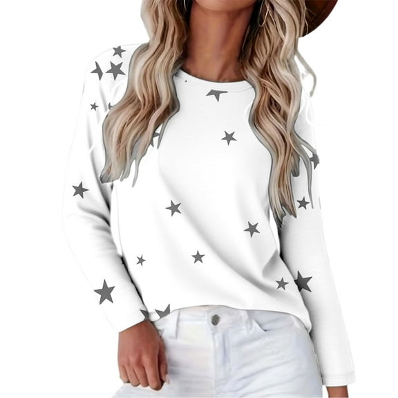 Women's Star Print Round Neck Long Sleeve Sweatshirt, Loose Fit Casual Pullover Top with Five-Point Star Pattern for Daily Wear, Street Fashion and All Season Comfort White XL