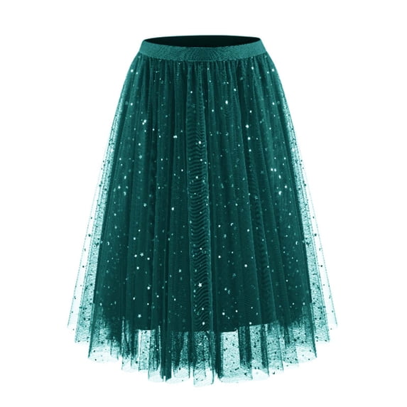 Women's Star Print Spring Summer Layered Tulle Maxi Skirt Irregular Hem Sequin Mesh Puffy Tiered Army Green