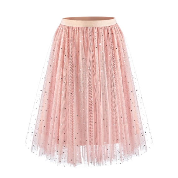 Women's Star Print Spring Summer Layered Tulle Maxi Skirt Irregular Hem Sequin Mesh Puffy Tiered Rose Gold