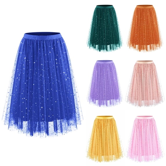 Women's Star Print Spring Summer Layered Tulle Maxi Skirt Irregular Hem Sequin Mesh Puffy Tiered Yellow