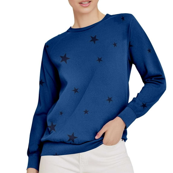 Women's Star Print Sweater Long Sleeve Loose Fit Casual Top Comfortable Everyday Pullover Blue L