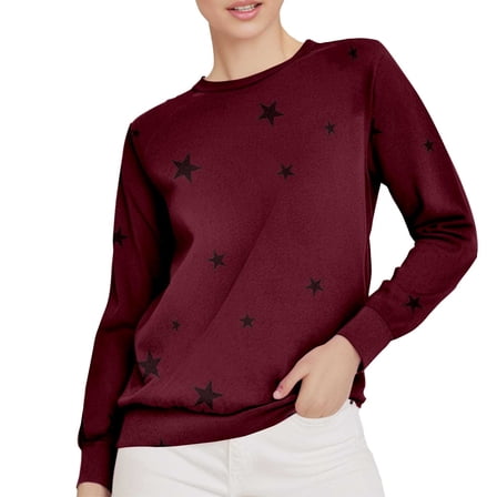 Women's Star Print Sweater Long Sleeve Loose Fit Casual Top Comfortable Everyday Pullover Red XXXL