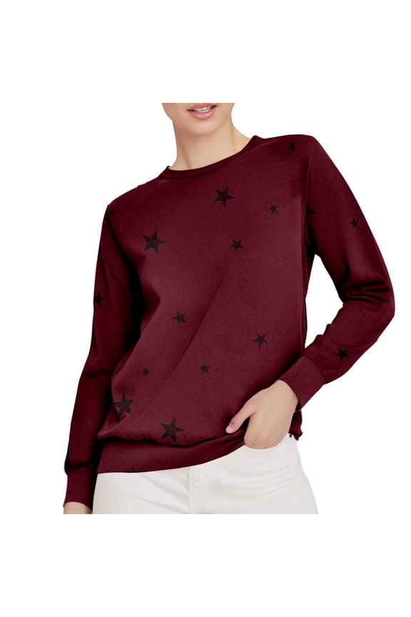 Women's Star Print Sweater Long Sleeve Loose Fit Casual Top Comfortable Everyday Pullover Red XXXL