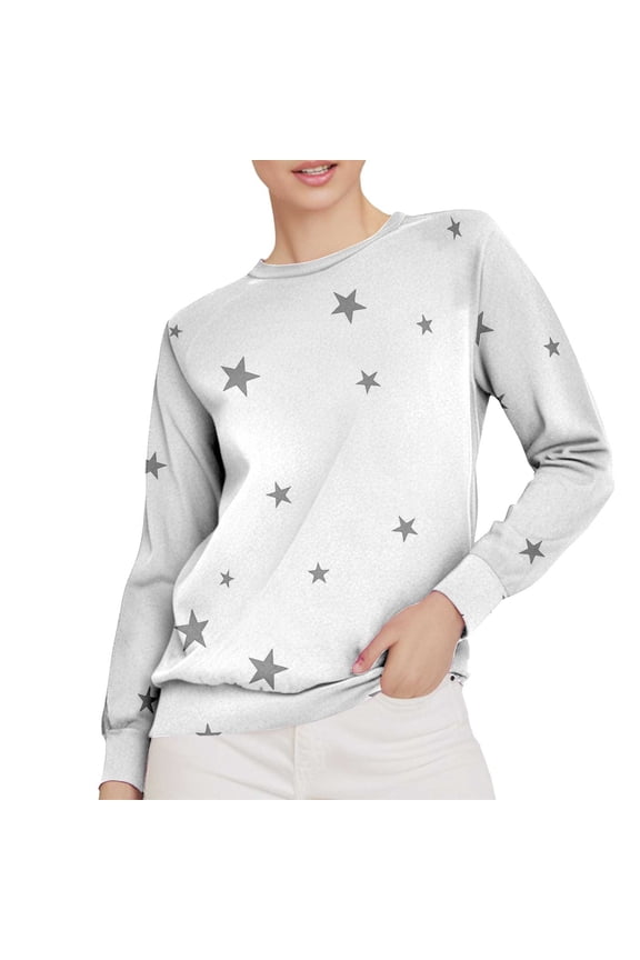 Women's Star Print Sweater Long Sleeve Loose Fit Casual Top Comfortable Everyday Pullover White XXL