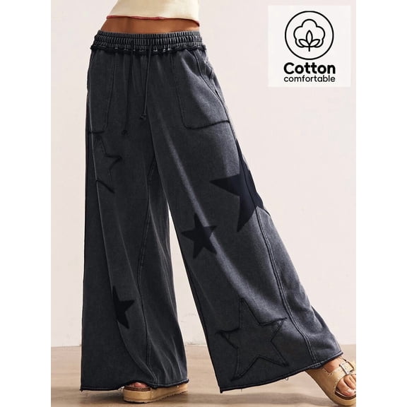 Women's Star Print Wide Leg Pants, Drawstring Elastic Waist Loose Cotton Casual Trousers with Pockets