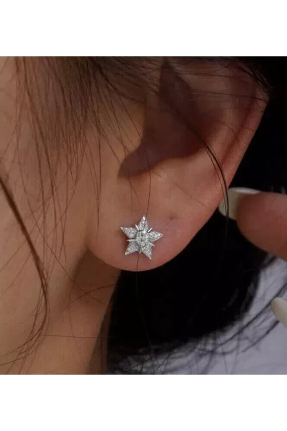 Women's Star Stud Earring 2.00Ct Round Lab Created Diamond 14K White Gold Plated
