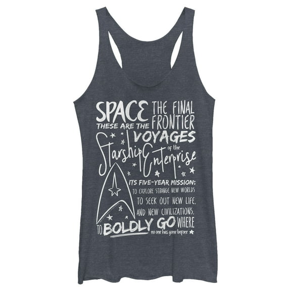Women's Star Trek 5-Year Mission Text  Racerback Tank Top Navy Blue Heather 2X Large