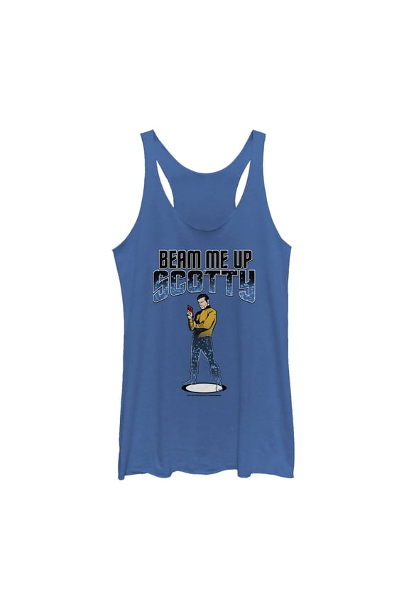 Women's Star Trek Cartoon Kirk Beam Me Up Scotty Transporter Racerback Tank Top Royal Blue Heather X Large