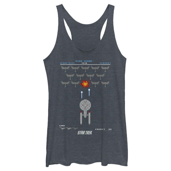 Women's Star Trek Enterprise Pixel Video Game Battle  Racerback Tank Top Navy Blue Heather X Large
