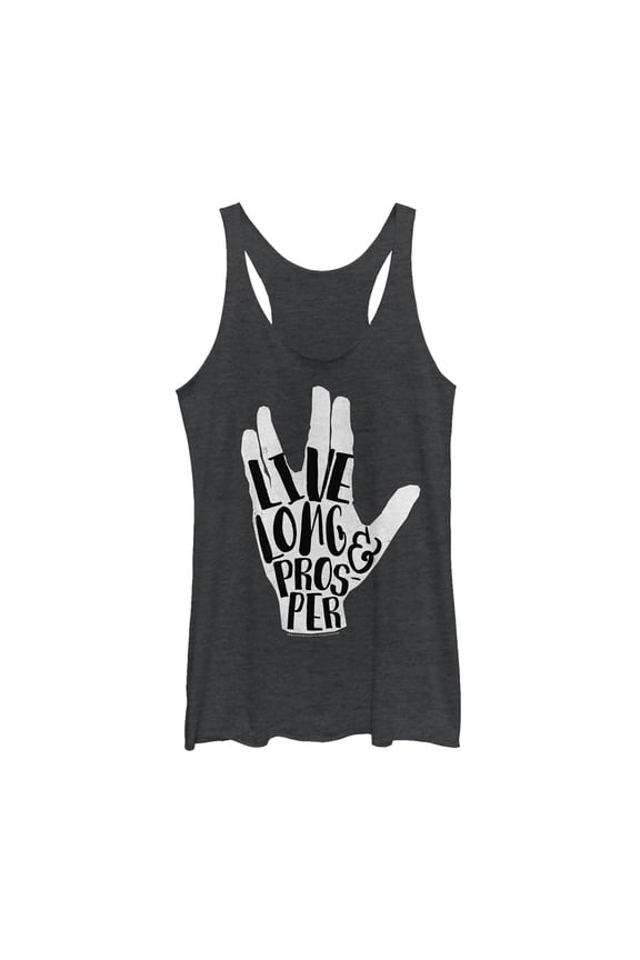 Women's Star Trek Live Prosper Vulcan Salute Hand Racerback Tank Top Black Heather X Small
