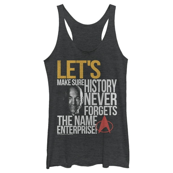 Women's Star Trek: The Next Generation Captain Picard History Never Forgets The Name Enterprise Racerback Tank Top Black Heather Large