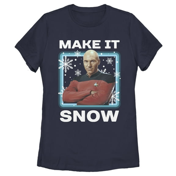 Women's Star Trek: The Next Generation Captain Picard Make It Snow  Graphic Tee Navy Blue Large