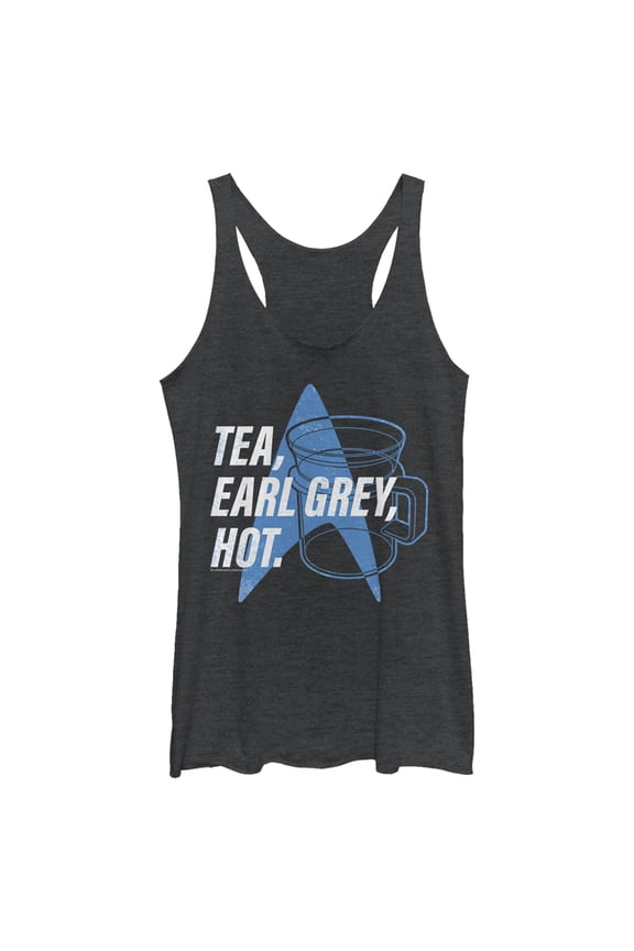 Women's Star Trek: The Next Generation Cup Of Tea Earl Grey Hot, Captain Picard Racerback Tank Top Black Heather Small