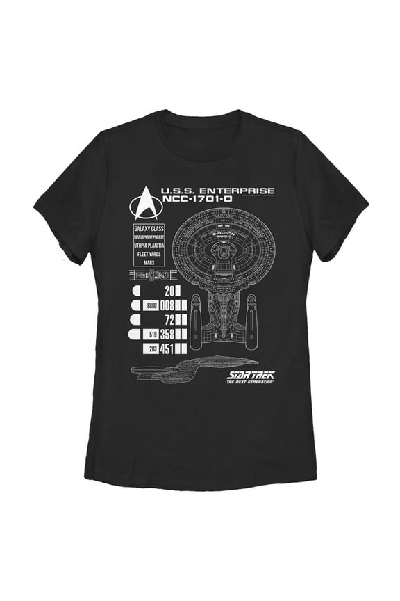 Women's Star Trek: The Next Generation Enterprise Galaxy Class NCC-1701-D Schematics Graphic Tee Black 2X Large
