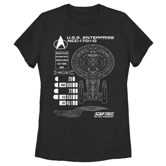 Women's Star Trek: The Next Generation Enterprise Galaxy Class NCC-1701-D Schematics Graphic Tee Black X Large