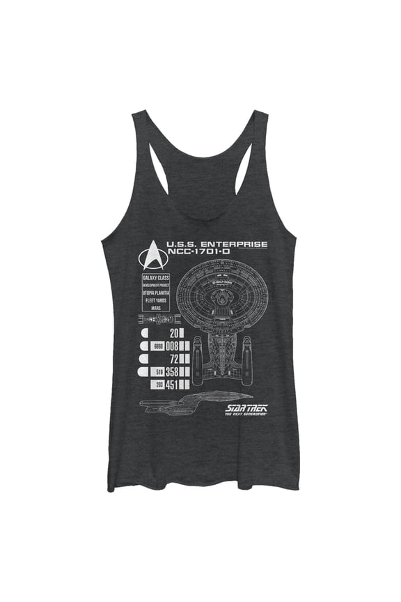 Women's Star Trek: The Next Generation Enterprise Galaxy Class NCC-1701-D Schematics Racerback Tank Top Black Heather Medium