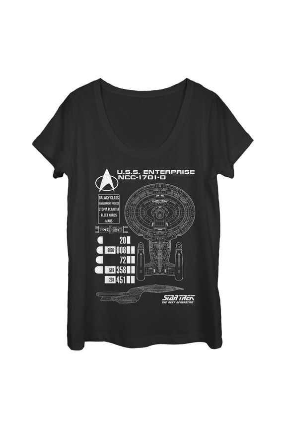 Women's Star Trek: The Next Generation Enterprise Galaxy Class NCC-1701-D Schematics Scoop Neck Black Small