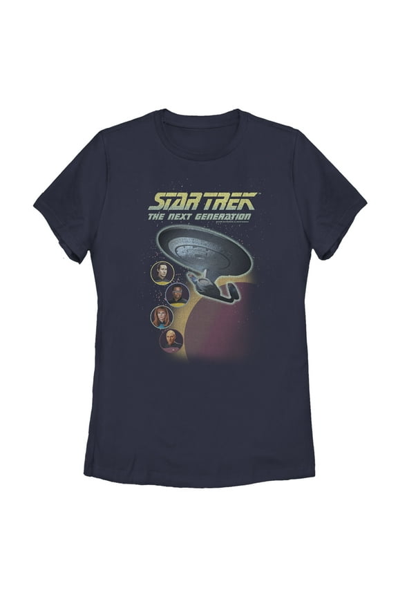 Women's Star Trek: The Next Generation Enterprise with Captain and Crew Portraits Graphic Tee Navy Blue X Large