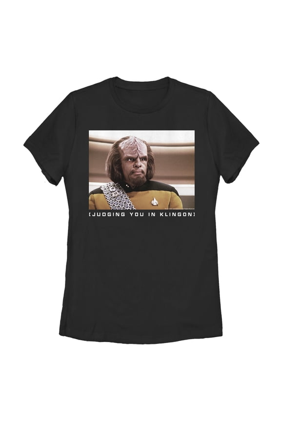 Women's Star Trek: The Next Generation Worf Judging You in Klingon Graphic Tee Black Medium
