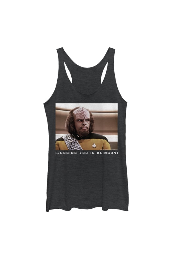 Women's Star Trek: The Next Generation Worf Judging You in Klingon Racerback Tank Top Black Heather Large