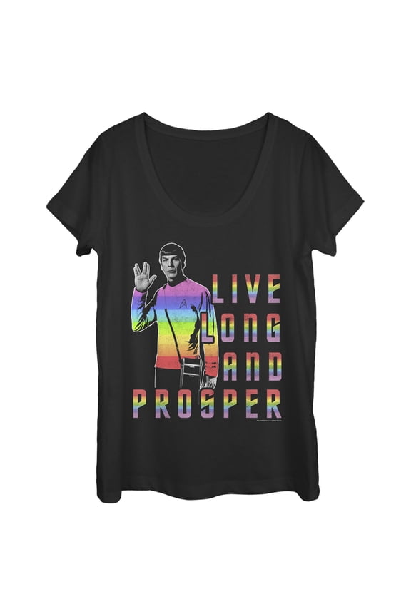 Women's Star Trek: The Original Series Groovy Rainbow Spock Live Long and Prosper Scoop Neck Black Medium