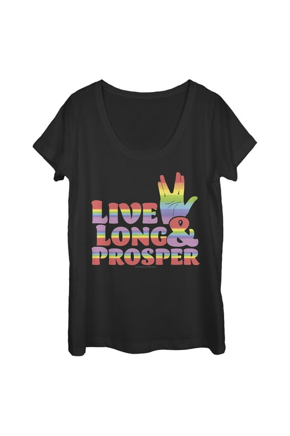 Women's Star Trek: The Original Series Live Long and Prosper Rainbow Hand Scoop Neck Black Medium