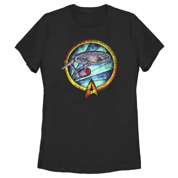 Women's Star Trek USS Enterprise Stained Glass To Boldly Go  Graphic Tee Black Small