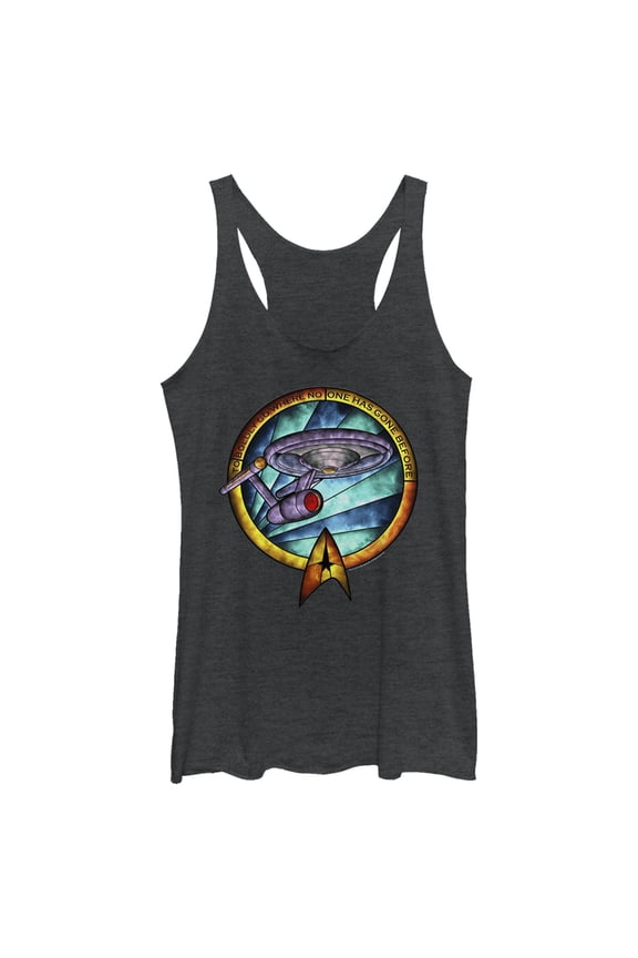 Women's Star Trek USS Enterprise Stained Glass To Boldly Go Racerback Tank Top Black Heather Large