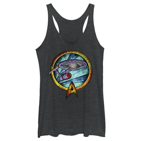 Women's Star Trek USS Enterprise Stained Glass To Boldly Go Racerback Tank Top Black Heather Small
