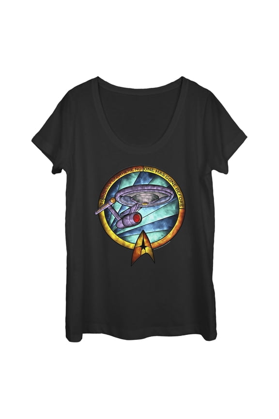 Women's Star Trek USS Enterprise Stained Glass To Boldly Go Scoop Neck Black Large