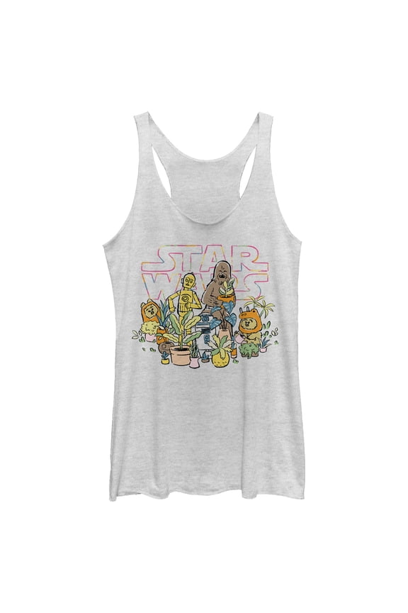 Women's Star Wars C-3PO And Chewbacca Plant Doodle Racerback Tank Top White Heather 2X Large