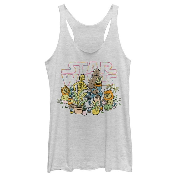 Women's Star Wars C-3PO And Chewbacca Plant Doodle  Racerback Tank Top White Heather Medium