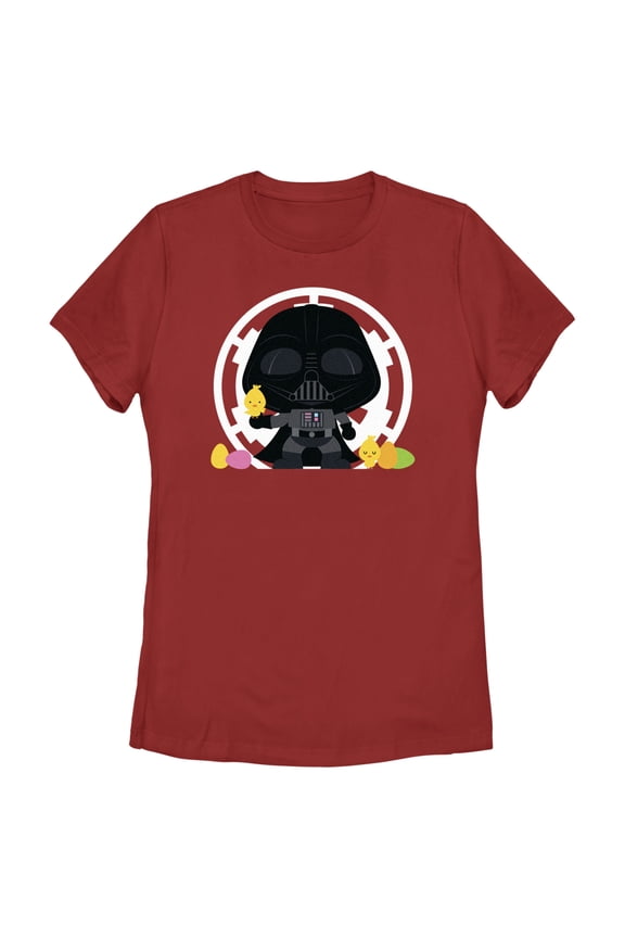 Women's Star Wars Darth Vader Loves Easter and Baby Chickens Graphic Tee Red Medium