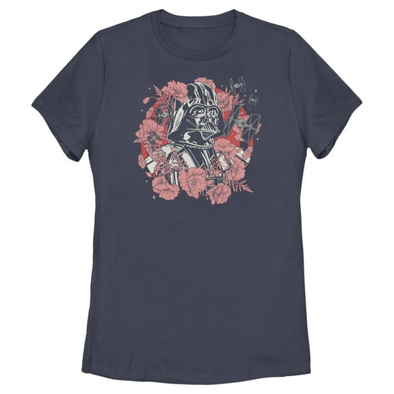 Women's Star Wars Floral Darth Vader With Tie Fighters  Graphic Tee Navy Blue Medium