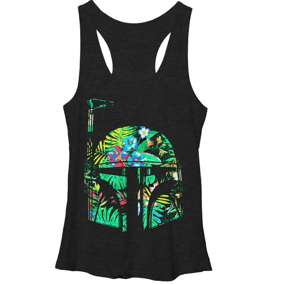 Women's Star Wars Hawaiian Print Boba Fett Helmet Racerback Tank Top Black Heather Large