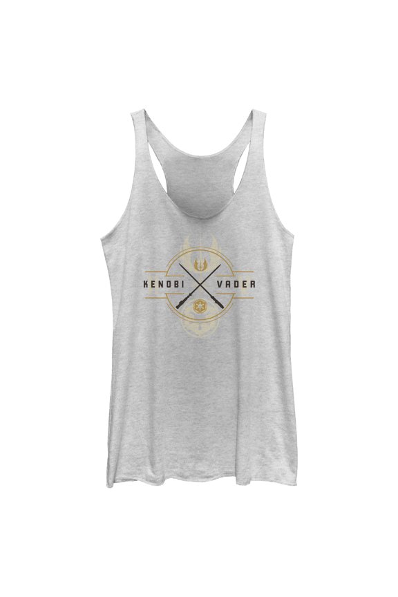 Women's Star Wars: Obi-Wan Kenobi Vader and Kenobi Lightsaber Crest  Racerback Tank Top White Heather Medium
