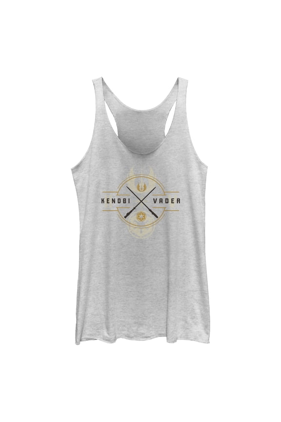 Women's Star Wars: Obi-Wan Kenobi Vader and Kenobi Lightsaber Crest Racerback Tank Top White Heather Small