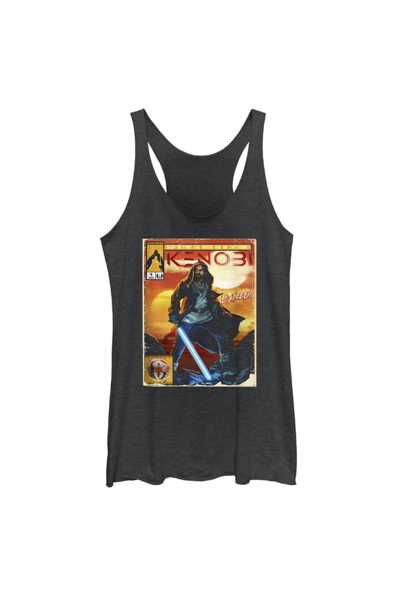 Women's Star Wars: Obi-Wan Kenobi Vintage Comic with Exiled Kenobi Racerback Tank Top Black Heather Small