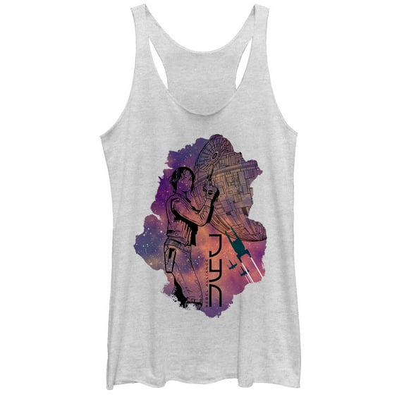Women's Star Wars Rogue One Jyn Cartoon Space Print Racerback Tank Top White Heather X Large