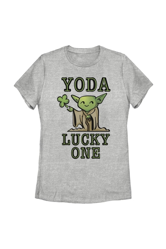 Women's Star Wars St. Patrick's Day Cartoon Yoda Lucky One Graphic Tee Athletic Heather Large