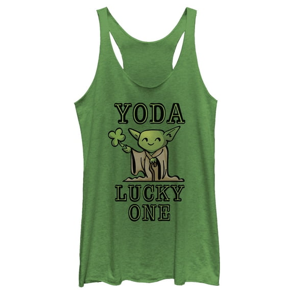 Women's Star Wars St. Patrick's Day Cartoon Yoda Lucky One Racerback Tank Top Envy Green X Small