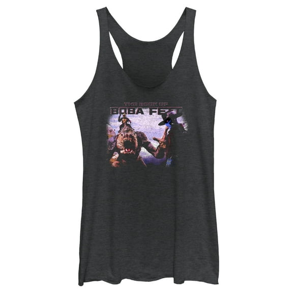 Women's Star Wars: The Book of Boba Fett Cad Bane Rancor and Boba Standoff Racerback Tank Top Black Heather Medium