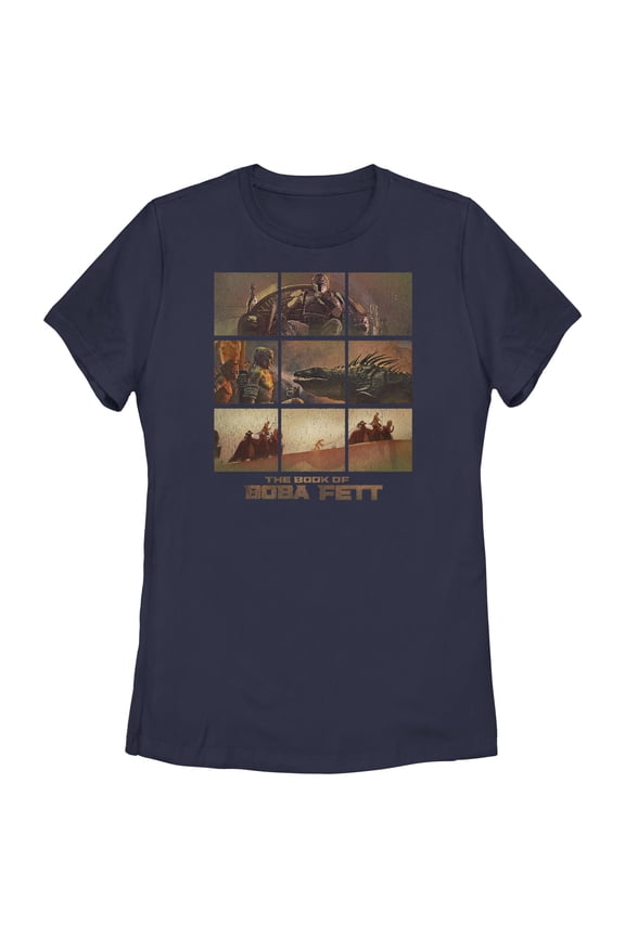 Women's Star Wars: The Book of Boba Fett Tatooine Desert Comic Panels Graphic Tee Navy Blue Small