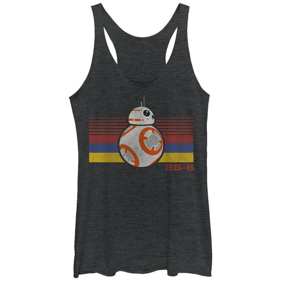 Women's Star Wars The Force Awakens BB-8 Retro Stripes Racerback Tank Top Black Heather Large