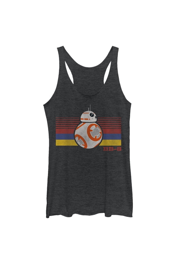 Women's Star Wars The Force Awakens BB-8 Retro Stripes Racerback Tank Top Black Heather Medium