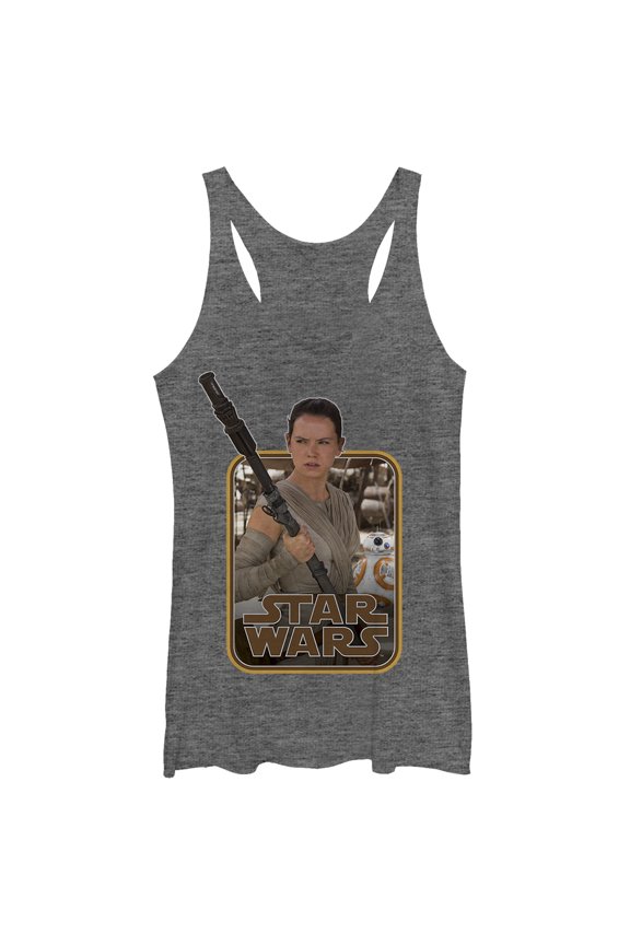 Women's Star Wars The Force Awakens Retro Rey and BB-8 Racerback Tank Top Gray Heather Large