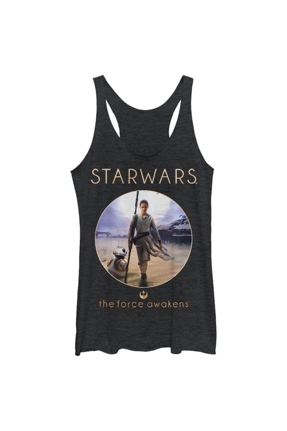 Women's Star Wars The Force Awakens Rey and BB-8 Adventure  Racerback Tank Top Black Heather Medium