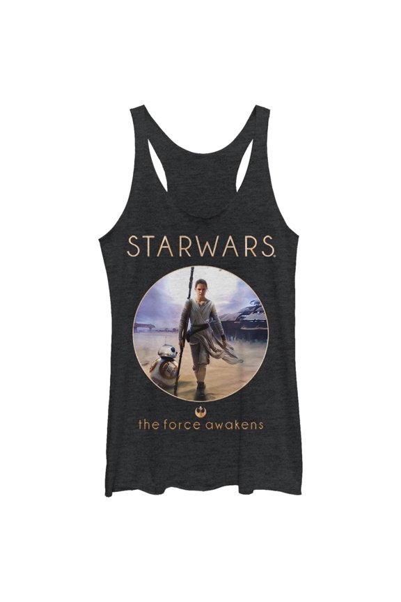 Women's Star Wars The Force Awakens Rey and BB-8 Adventure Racerback Tank Top Black Heather X Large