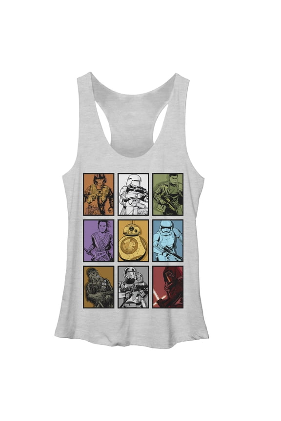 Women's Star Wars The Force Awakens Rey and BB-8 Character Boxes Racerback Tank Top White Heather X Large